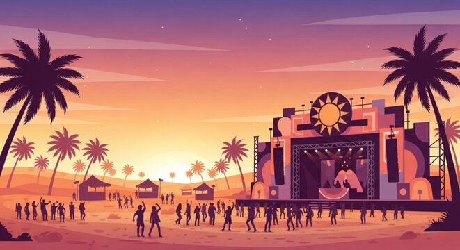 People dance at outdoor music festival on beach at sunset