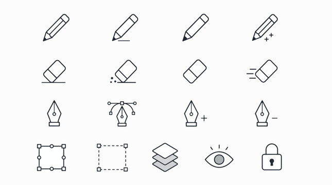 A collection of simple line icons representing creative tools and editing functions.