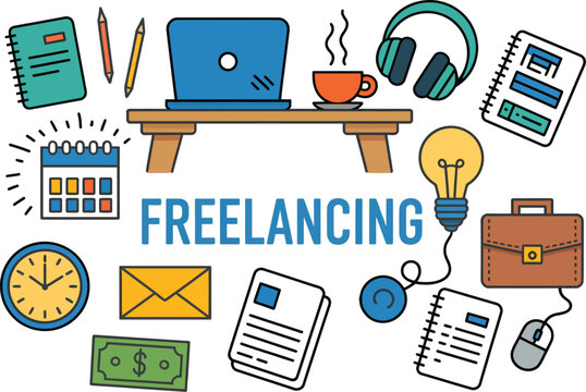 Freelance essentials doodle illustration featuring colorful hand drawn freelancing workspace elements including laptop, notebook, coffee cup, pen, calendar, and smartphone