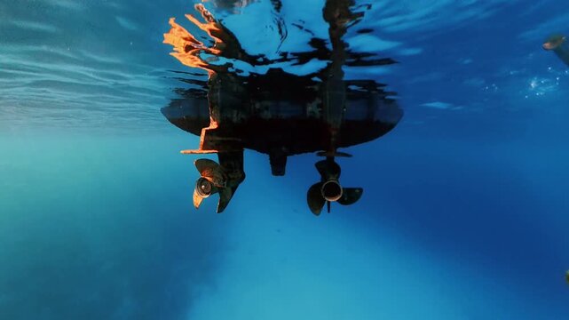Underwater view of the propellers and hull of a rusty boat floating on the calm blue sea