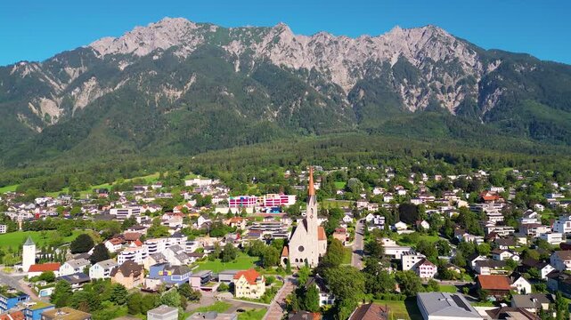 Aerial View on Church in Schaan Liechtenstein, panning from right to left