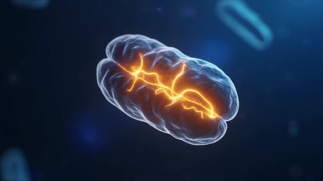 Realistic glowing mitochondria with smooth bioenergy motion, ideal for healthcare presentations, biotechnology websites, science education, and innovation reports.