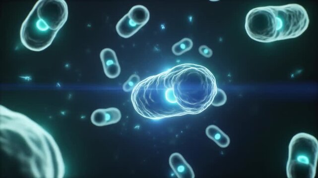 Glowing mitochondria network with flowing cellular energy, perfect for biotechnology, healthcare communication, science education, and innovation content.