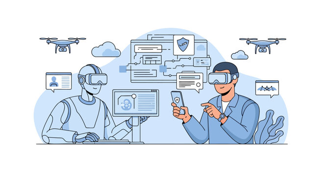 Man and robot using virtual reality headsets and drones.