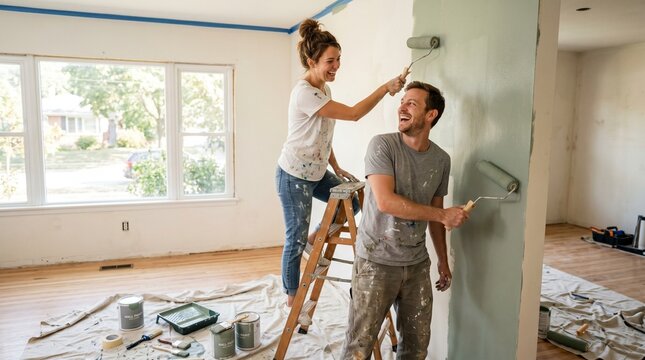 Happy young couple painting a wall green in a bright room during a renovation. Perfect for DIY home improvement.
