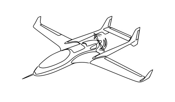 Single line drawing of flying fixed wing drone airplane, continuous line art vector of modern unmanned aerial vehicle UAV