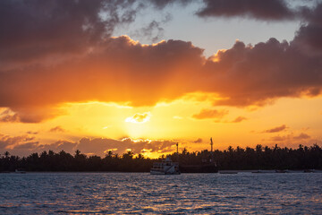 Fototapeta premium Tropical ocean sunset with boats and palm trees silhouette in Punta Cana, Dominican Republic