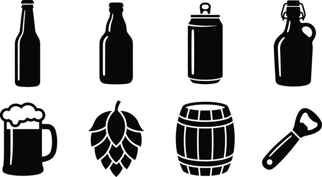 Beer and brewery icon set featuring black silhouettes of bottles, aluminum can, growler, mug, hops, wooden barrel, and bottle opener