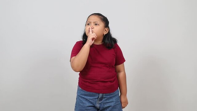 Adorable Asian little girl holding finger on her lips over white background. Gesture of shhh, secret, silence