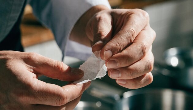 Close-up of professional chef hands holding a blank piece of torn white paper in a high-end restaurant kitchen, ready for a special recipe or menu announcement, photorealistic 8k detail.