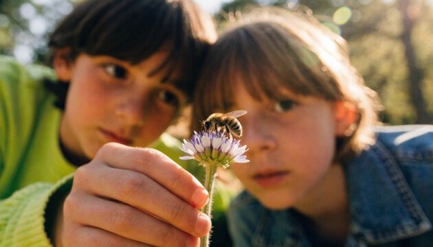 Two children closely observe a tiny bee gathering nectar from a purple flower, creating a warm photorealistic portrait of nature discovery, childhood wonder, learning, and gentle curiosity