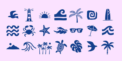 Obraz premium Tropical beach icon vector set with palm trees, waves, marine symbols and surf elements. Minimal coastal illustrations perfect for summer branding, travel graphics and seaside designs.