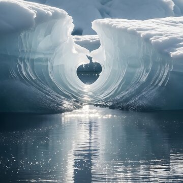 Heart shaped glacier arch with lone kayaker.