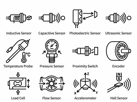Industrial Sensors and Measurement Devices Line Icons Set for Automation and IoT