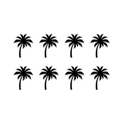 Naklejka premium Eight Black Silhouette Palm Trees Arranged in a 4x2 Grid Pattern on a White Background Featuring Tree, Icon, Vector