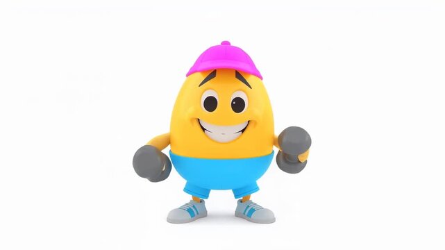 Funny cartoon egg with dumbbells isolated on white background, 3D design, animation