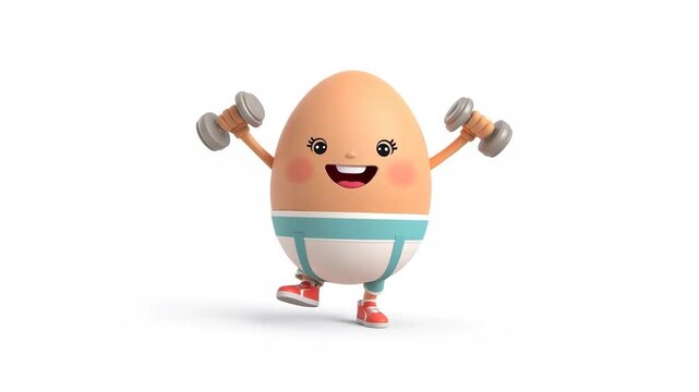 Funny cartoon egg with dumbbells isolated on white background, 3D design, animation