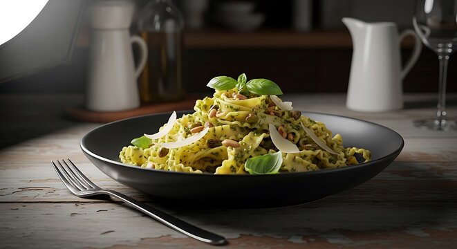 Herb Pesto Pasta Dish on Rustic Table Setting.