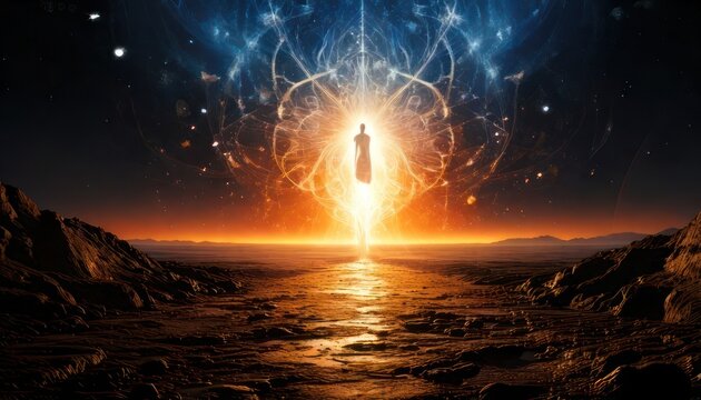 Mystical Figure Standing in Light on Water with Cosmic Background.