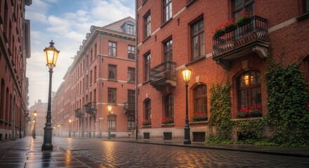 Fototapeta premium Historic city street scene with brick buildings and vintage streetlights