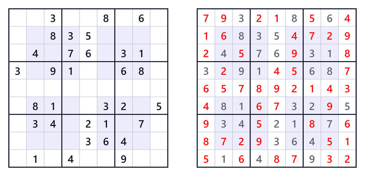 Printable hyper sudoku with solution, medium level PNG on white background for schools, mental training, children activities and magazines
