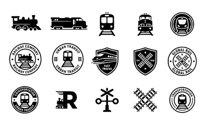 Train and railway transport silhouette icon emblem badge vector set isolated on plain white background for logo design © Md