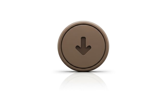 3D Render of a Circular Bronze Button with Downward Arrow Icon.