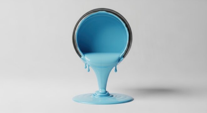 A can of light blue paint spills onto a white surface.