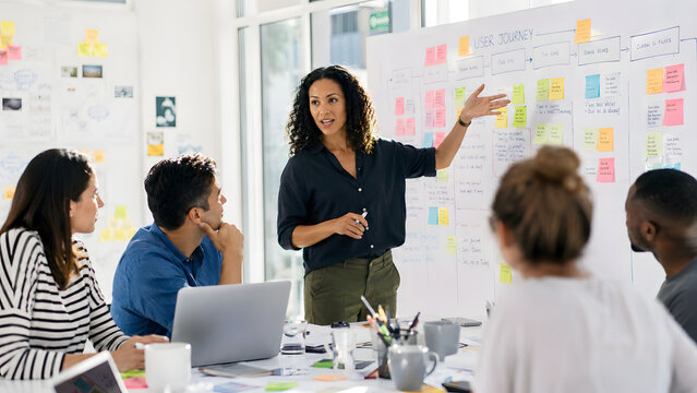 Dynamic woman design thinking facilitator leading workshop