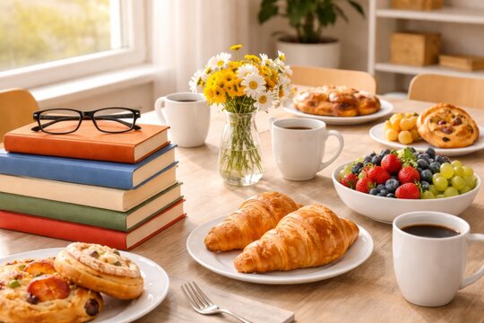 Breakfast table with books, coffee, pastries, and fruit, perfect literature setting