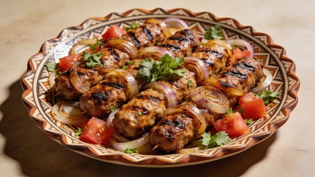 Gourmet Arabic mumbar sausage grilled to perfection with fresh vegetables and herbs, close-up presentation