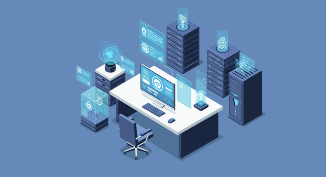 Modern office desk with computer and futuristic technology elements.