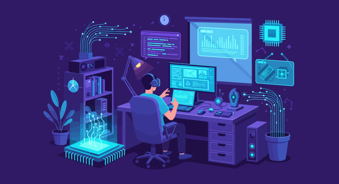 Programmer working late night on futuristic computer setup with glowing technology.