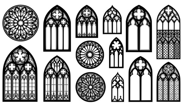 Gothic cathedral window black silhouette vector illustration set isolated on white background for medieval architectural design graphics