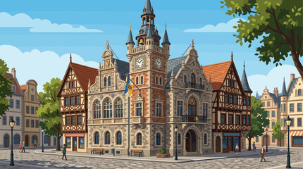Vector illustration of a historic European town hall with a clock tower in a charming old city square with half timbered houses © john