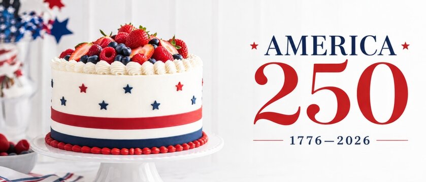 America 250 patriotic anniversary cake with red white blue stars, berry topping, 1776-2026 text, festive dessert display for USA independence celebration, sale promotion, banner background layout