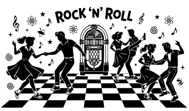 Retro Rock and Roll Dance Party Silhouette Vector Illustration Featuring People Dancing Around Jukebox on Checkered Floor for Fifties Theme Poster Design