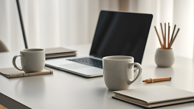 laptop coffee notebook minimal home office desk, Professional Stock Photo, High Resolution Background