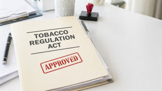 Tobacco regulation act folder with approved stamp on office desk