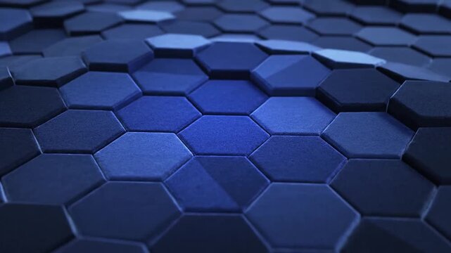Hexagonal Tile Surface in Deep Blue Lighting Expanding Across the Frame
