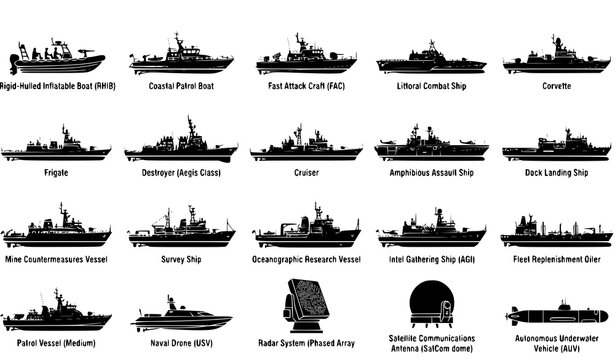Military Navy Warship Blueprint Vector Illustration Featuring Patrol Boat Coastal Guard Corvette and Marine Vessel Technical Lineart Outline