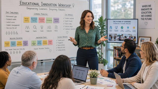 Woman education leader facilitating learning innovation workshop