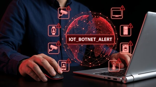 Man using laptop with futuristic glowing red hologram showing IoT botnet alert and vulnerable smart home devices connected to global network