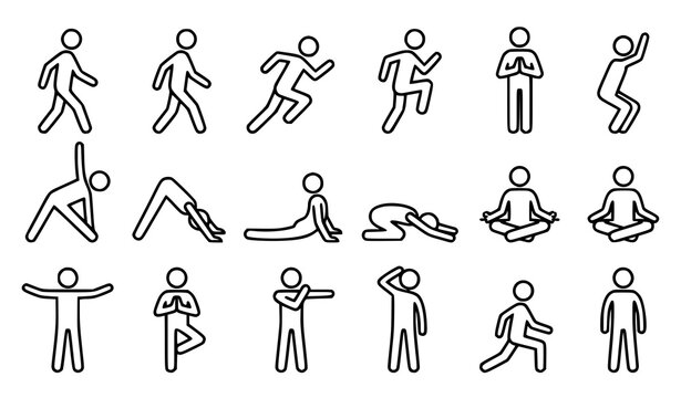Minimal black stick people pictogram set for walking running yoga stretching and meditation