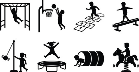 Children playground activities vector icon set featuring silhouettes of kids playing basketball monkey bars hopscotch trampoline and balance beam © Miss