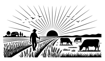 Agriculture Landscape Vector Featuring Farmer Walking in Wheat Field with Cows Grazing Barn Silhouette and Dramatic Sunrise Background © Md