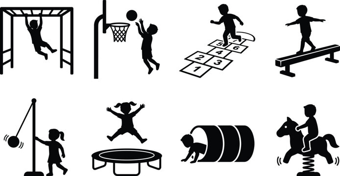 Children playground activities vector icon set featuring silhouettes of kids playing basketball monkey bars hopscotch trampoline and balance beam