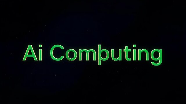 Ai computing title text glows with vibrant green binary code sequences in this dynamic motion video clip featuring high tech digital distortion effects and flickering pixelated letterforms that repres