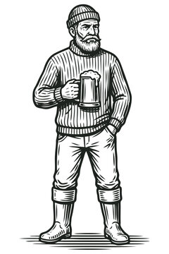 Vector engraving illustration of a bearded sailor in a sweater and boots standing holding a mug of beer. Vintage monochrome graphic design.