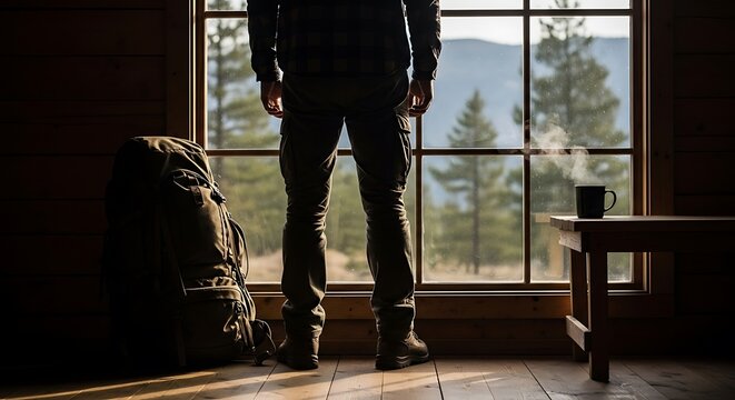 Hiker Stands Inside Cabin Looking Out Window.
